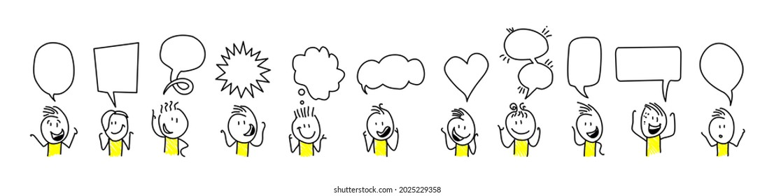Stick figures. Thought bubbles, speech bubbles. Isolated on white background. It can be used for presentations, for explanation, as a mascot, for communication, to express emotions.