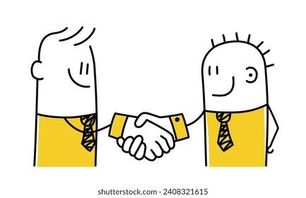 Stick figures, two business people shaking hands. Cartoon style. Vector illustration.