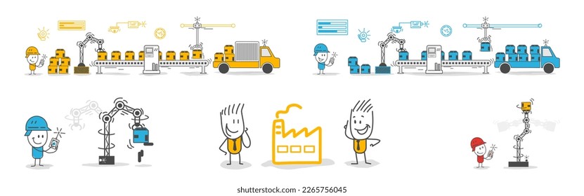 Stick figures. Two businessmen looking at the factory and sharing their ideas. Team metaphor. Business concept. 