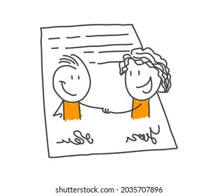 Stick figures. Two people make a business contract between them. Vector.