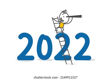 Stick Figures. The Visionary Climbs The Ladder To See The Future Through A Telescope In 2022. Economic Outlook For 2022. Challenge And Business Opportunity Concept.