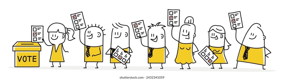 Stick figures, voting, politic choice, opinion or democracy, election or customer survey, referendum concept. Cartoon style. Vector illustration.