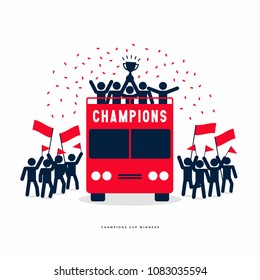 Stick Figures of The Winner Cup Soccer or Football Champions Celebration on the Open Top Buses. Vector