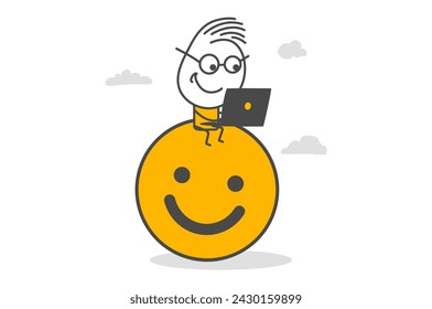 Stick figures. Work happiness or job satisfaction, passion or enjoyment working with company. Isolated on white background. Hand drawn doodle line art cartoon design character.