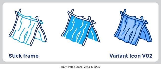 El icono de Stick Frame representa la construcción de refugios de bricolaje para diseños de educación de supervivencia. Azul, azul plano, estilo Dualtone.