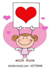 Stick Girl Cupid Holding A Red Heart Sign