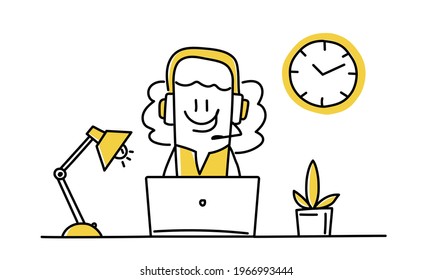 Stick girl operator with headphones and microphone. Consulting, job online, internet. Call centre, help. Vector illustration.