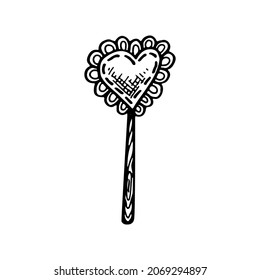 Stick with heart decor. Party decoration element. Hand drawn line vector illustration in doodle style.