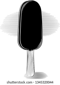 A stick ice cream, cremino covered in chocolate, in black and white vector.