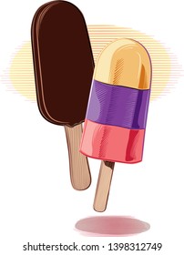 A stick ice cream, cremino covered in chocolate, and a popsicle with different flavors, in vector.