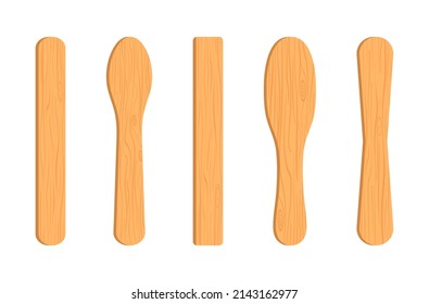 Stick for ice cream and popsicle. Lollipop sticks. Wood sticks for ice cream. Craft of wood. Wooden texture on stick. Brown wooden spatulas isolated on white background. Vector.