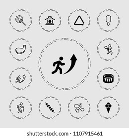 Stick Icon. Collection Of 13 Stick Filled And Outline Icons Such As Kebab, Drum, Triangle Musical Instrument, Ice Cream, Man Going Up. Editable Stick Icons For Web And Mobile.