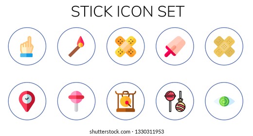 stick icon set. 10 flat stick icons.  Simple modern icons about  - point, match, lollipop, band aid, gong, popsicle, fatigue