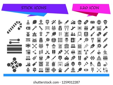  stick icon set. 120 filled stick icons. Simple modern icons about  - Candy cane, Hug, Drum, Cake pop, Cotton candy, Magician, Popsicle, Wand, Usb, Brochette, Escalator, Grandmother