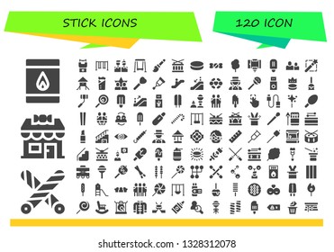 stick icon set. 120 filled stick icons.  Simple modern icons about  - Matchbox, Liquorice, Candy shop, Stun gun, Swing, Friends, Broomstick, Drum, Puck, Cotton candy, Selfie stick