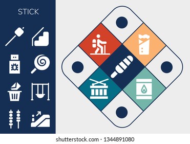 stick icon set. 13 filled stick icons.  Simple modern icons about  - Popsicle, Skewers, Escalator, Removed, Swing, Usb, Lollipop, Marshmallow, Stairs, Kebab, Hiking, Drum, Matchbox
