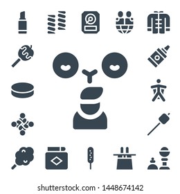 stick icon set. 17 filled stick icons.  Collection Of - Lipstick, Caramelized apple, Puck, Friends, Hug, Glue, Wingsuit, Marshmallow, Cotton candy, Match, Hdd, Corndog, Magic hat