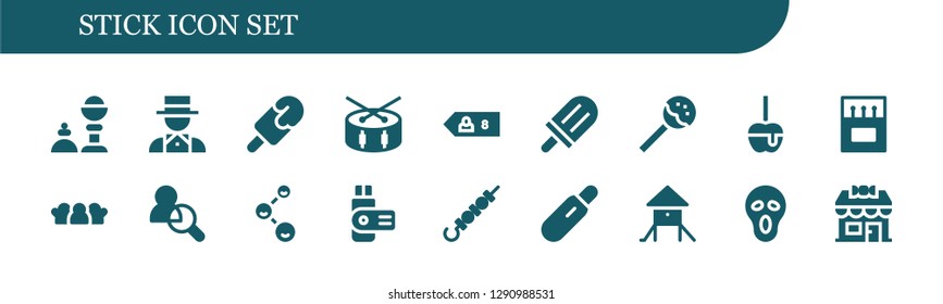  stick icon set. 18 filled stick icons. Simple modern icons about  - Magic trick, Magician, Popsicle, Drum, Friend, Lollipop, Caramelized apple, Matches, Friends, Usb, Skewer