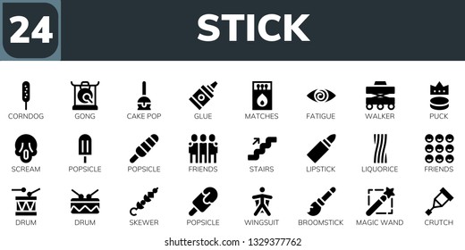 stick icon set. 24 filled stick icons.  Collection Of - Corndog, Gong, Cake pop, Glue, Matches, Fatigue, Walker, Puck, Scream, Popsicle, Friends, Stairs, Lipstick, Liquorice, Drum