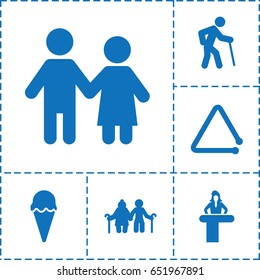 Stick icon. set of 6 stick filled icons such as airport desk, triangle musical instrument, ice cream, couple, old man