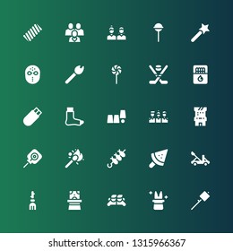stick icon set. Collection of 25 filled stick icons included Marshmallow, Magician, Friends, Magician hat, Broom, Catapult, Popsicle, Brochette, Matches, Lollipop, Arcade game