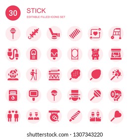 stick icon set. Collection of 30 filled stick icons included Lollipop, Skewer, Hockey, Marshmallow, Friends, Usb, Finger, Popsicle, Mirror, Arcade game, Grandmother, Hiker, Drum