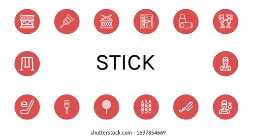 stick icon set. Collection of Drum, Crutch, Shift stick, Usb flash drive, Waltz, Hockey, Lollipop, Shish kebab, Fishing rod, Swimmer, Swing icons