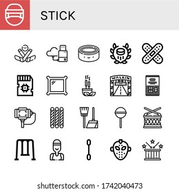 stick icon set. Collection of Hockey helmet, Ice hockey, Flash drive, Puck, Hockey, Band aid, Sd card, Mirror, Incense, Walking street, Marshmallow, Selfie stick, Grissini icons
