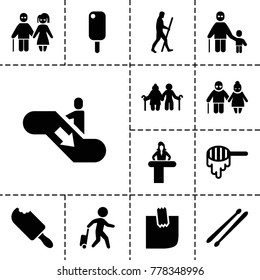 Stick Icons. Set Of 13 Editable Filled Stick Icons Such As Honey, Airport Desk, Ice Cream, Old Couple, Drum Stick, Glued Note, Caveman, Man With Luggage, Escalator Down