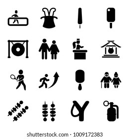 Stick icons. set of 16 editable filled stick icons such as magic hat, sligshot, couple, ice cream, ice cream on stick, gong, kebab, tennis playing, man going up, dynamite