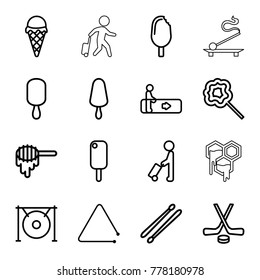 Stick icons. set of 16 editable outline stick icons such as honey, man with luggage, escalator, ice cream, lollipop, triangle musical instrument, gong