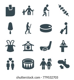 Stick icons. set of 16 editable filled stick icons such as man with luggage, escalator down, airport desk, gong, magic hat, old man with child, kebab, couple, drum, glued note
