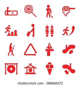 stick icons set. Set of 16 stick filled icons such as honey, man with luggage, escalator, escalator up, escalator down, airport desk, gong, lollipop