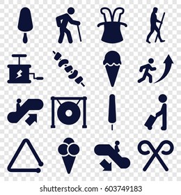 Stick icons set. set of 16 stick filled icons such as man with luggage, escalator up, escalator down, ice cream on stick, kebab, triangle musical instrument, gong, candy cane