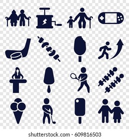 Stick icons set. set of 16 stick filled icons such as airport desk, kebab, portable console, ice cream, tennis playing, golf player, dynamite, man going up, couple