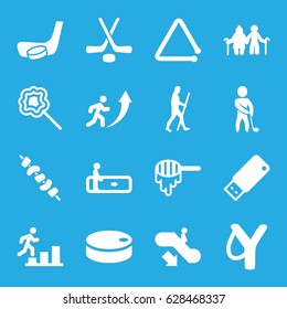 Stick icons set. set of 16 stick filled icons such as honey, escalator, escalator down, kebab, lollipop, triangle musical instrument, usb drive, golf player, hockey