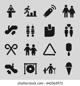 Stick icons set. set of 16 stick filled icons such as escalator up, escalator down, airport desk, ice cream on stick, couple, triangle musical instrument, gong, glued note
