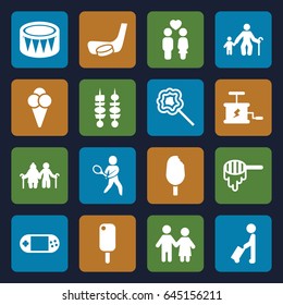 Stick icons set. set of 16 stick filled icons such as honey, man with luggage, lollipop, couple, portable console, drum, kebab, ice cream, tennis playing