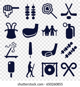 Stick icons set. set of 16 stick filled icons such as honey, lollipop, gong, candy cane, kebab, hockey, caveman, dynamite, magic hat, ice cream