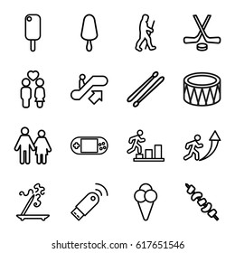 Stick Icons Set. Set Of 16 Stick Outline Icons Such As Escalator Up, Kebab, Couple, Portable Console, Drum, Ice Cream, Usb Signal, Caveman, Hockey