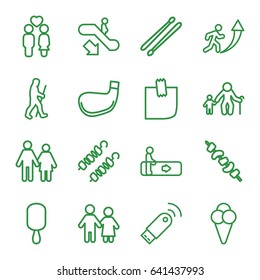 Stick icons set. set of 16 stick outline icons such as escalator, escalator down, kebab, couple, glued note, ice cream, usb signal, caveman, man going up