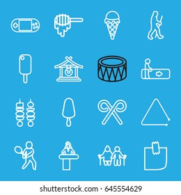 Stick Icons Set. Set Of 16 Stick Outline Icons Such As Escalator, Airport Desk, Honey, Gong, Ice Cream On Stick, Portable Console, Drum, Triangle Musical Instrument