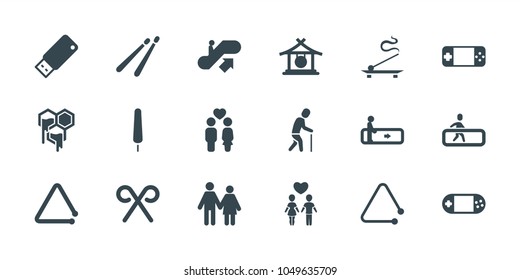 Stick icons. set of 18 editable filled stick icons: escalator, escalator up, gong, couple, portable console, triangle musical instrument, candy cane, usb drive, honey