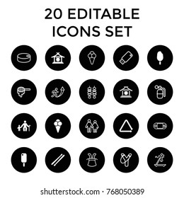 Stick icons. set of 20 editable filled and outline stick icons such as gong, old man with child, ice cream, triangle musical instrument, honey, magic hat, slingshot, couple