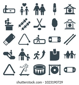 Stick icons. set of 25 editable filled stick icons such as escalator, gong, couple, old couple, portable console, drum, triangle musical instrument, glued note, usb drive