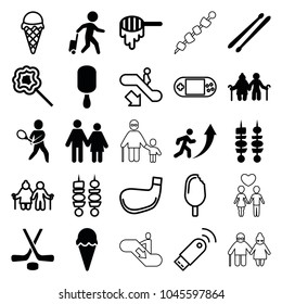 Stick icons. set of 25 editable filled and outline stick icons such as honey, couple, old couple, lollipop, kebab, tennis playing, hockey, man going up, ice cream