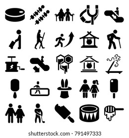 Stick Icons. Set Of 25 Editable Filled Stick Icons Such As Honey, Man With Luggage, Escalator Down, Gong, Couple, Old Man, Ice Cream, Old Couple, Drum, Kebab, Golf Player