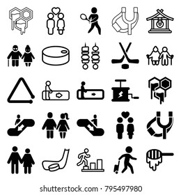 Stick icons. set of 25 editable filled and outline stick icons such as honey, escalator, couple, triangle musical instrument, tennis playing, hockey, dynamite, gong