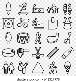 Stick icons set. set of 25 stick outline icons such as man with luggage, escalator, escalator up, honey, drum, triangle musical instrument, gong, glued note, kebab, ice cream