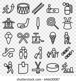 Stick icons set. set of 25 stick outline icons such as man with luggage, escalator, escalator up, gong, lollipop, couple, drum, glued note, candy cane, ice cream, kebab